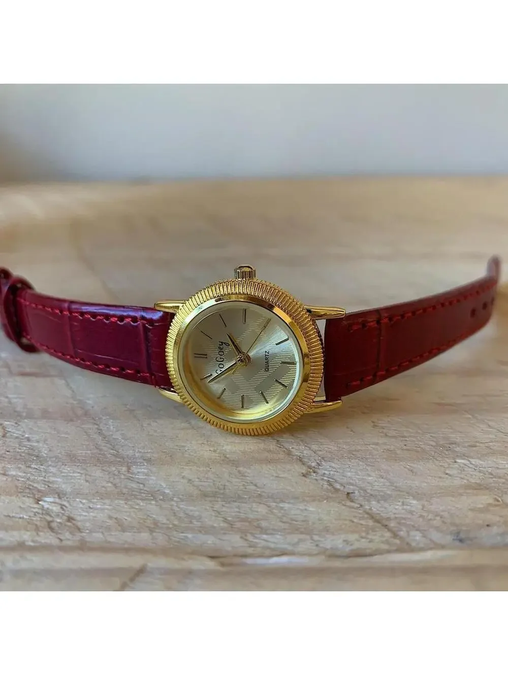 Y2K Minimalist Burgundy Red Dainty Leather Watch 8 Inch Unisex